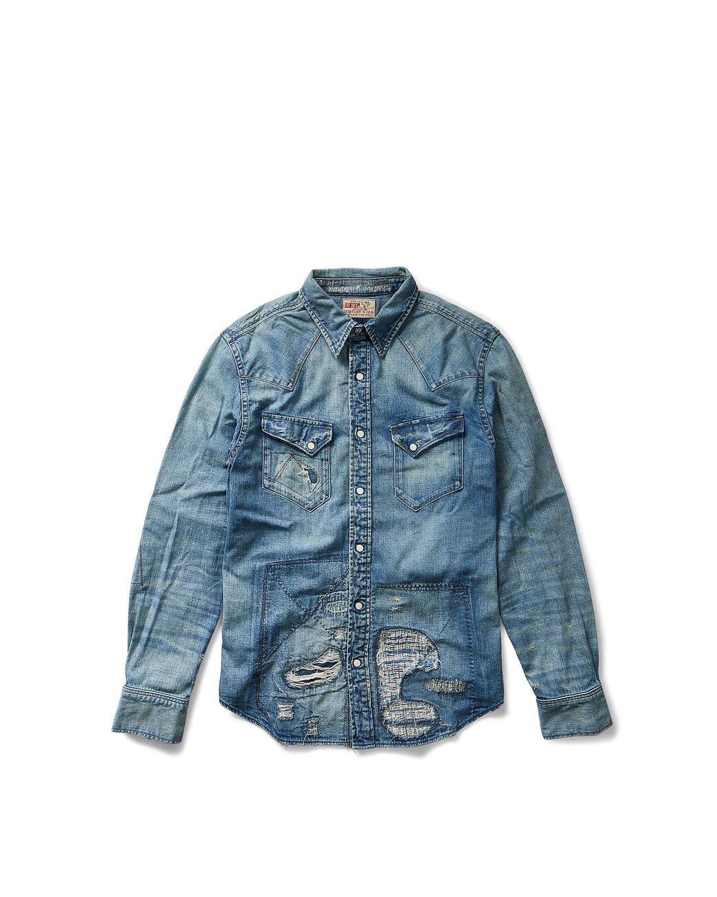 RRL Repaired Denim Western Shirt in Blue for Men | Lyst